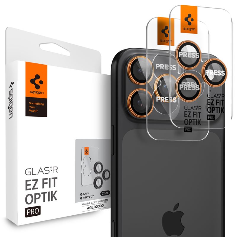 Spigen Glass tR EZ Fit Optik Pro 2 Pack, oranžový – iPhone 17/16/15/14 Pro / 17/16/15/14 Pro Max