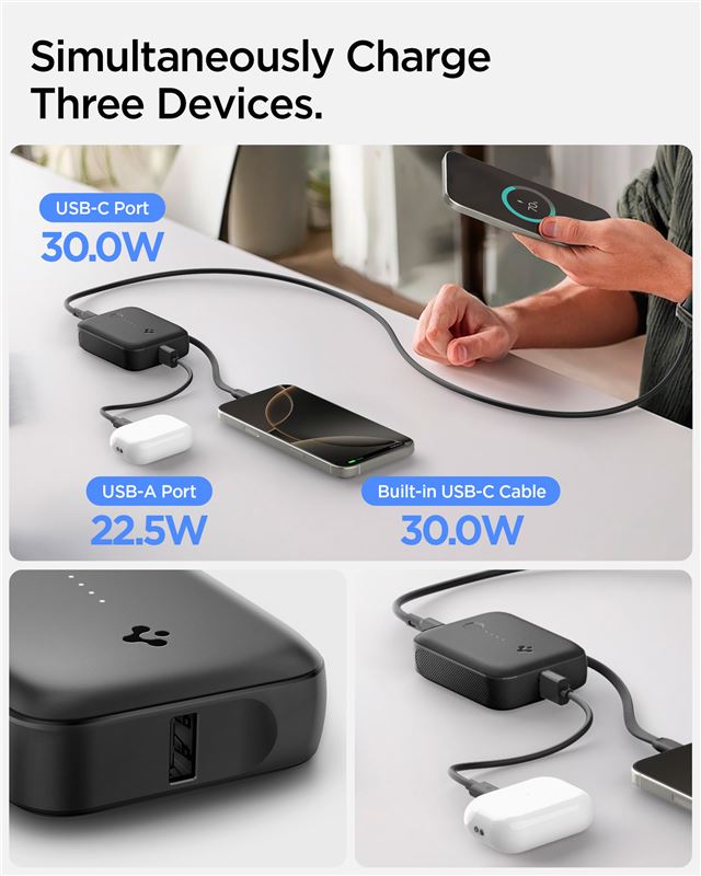 Powerful 10,000mAh power bank with integrated USB-C cable: ready to use without needing to carry extra cables