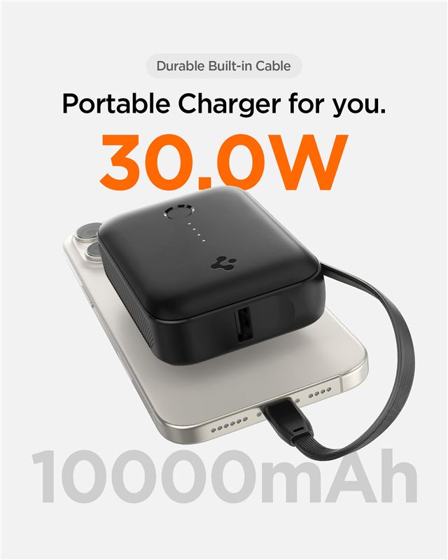 Spigen Essential 10,000 mAh 30W Power Bank (Built-in Cable), black EA3010BT