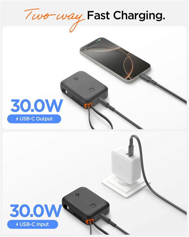 Spigen Essential 10,000 mAh 30W Power Bank (Built-in Cable), black EA3010BT