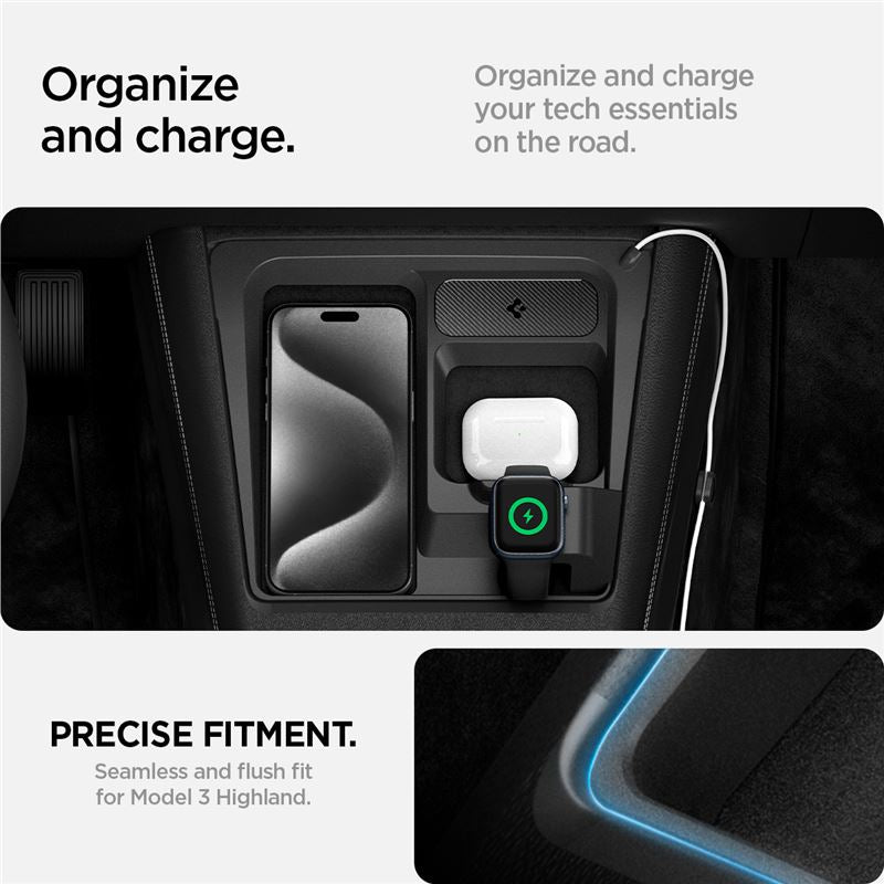 3-in-1 Wireless Car Charging Station: Precise cutouts for easy phone and AirPods grip, specially designed to insert Apple Watch charging cable