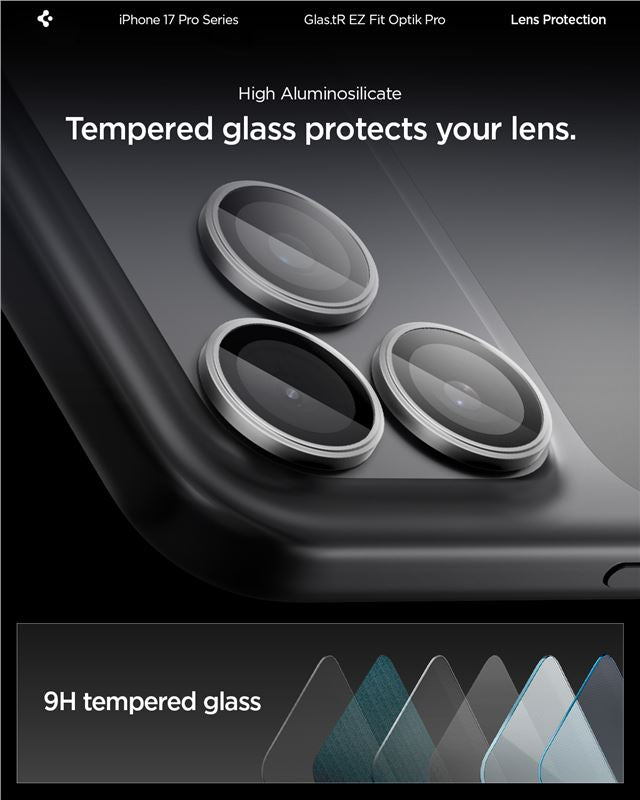 Spigen Glass tR EZ Fit Optik Pro 2 Pack, sivá - iPhone 17/16/15/14 Pro / 17/16/15/14 Pro Max