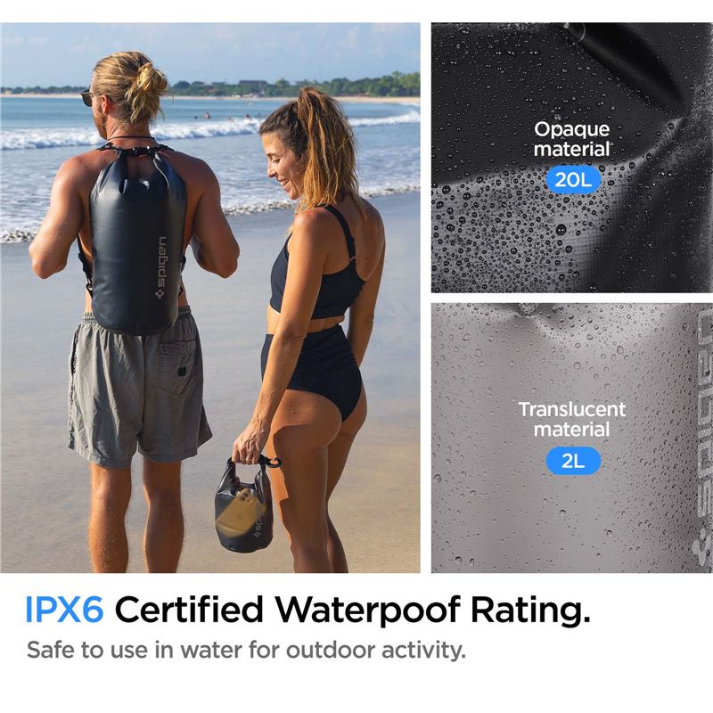 The 20L dry bag is large enough to carry towels, clothes, and water bottles.With two straps, you can wear it in various ways, such as a crossbody or a backpack.The additional 2L bag is designed for smartphones, wallets, and small items. It's a perfect set of dry bags for your outdoor activities