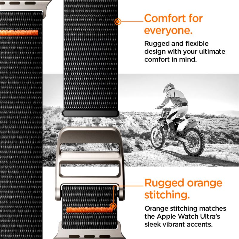 Robust design thanks to the wider watch strap and orange stitching