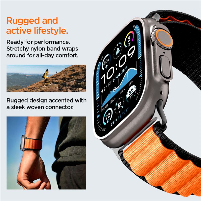 Spigen Fabric Band (háčik), čierno-oranžový - Apple Watch 49mm/46mm/45mm/44mm