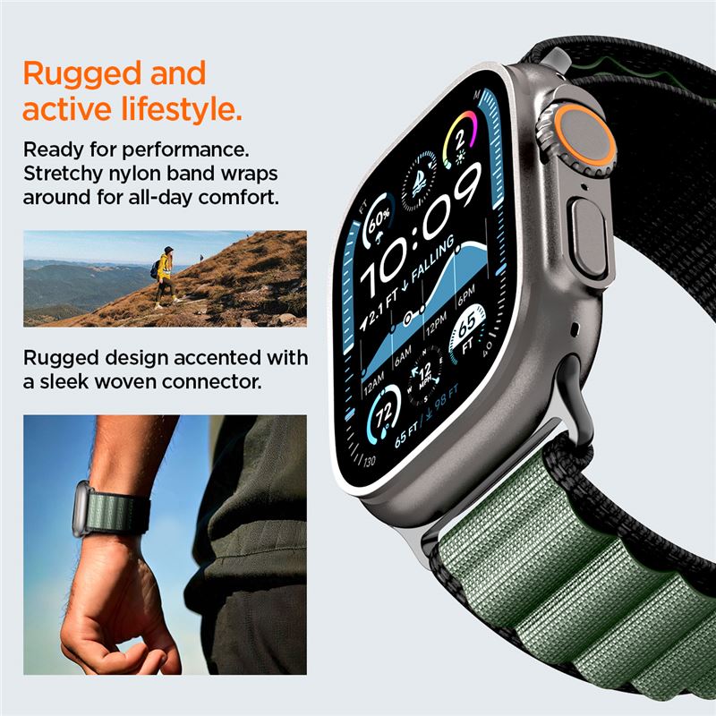 Spigen Fabric Band (hook), čierno-zelený – Apple Watch 49mm/46mm/45mm/44mm